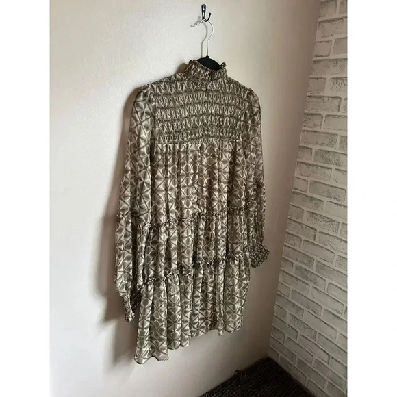 Olivaceous Sage Olive Green and White Mock Neck Dress with Smocking, Long Sleeve - Picture 5 of 9